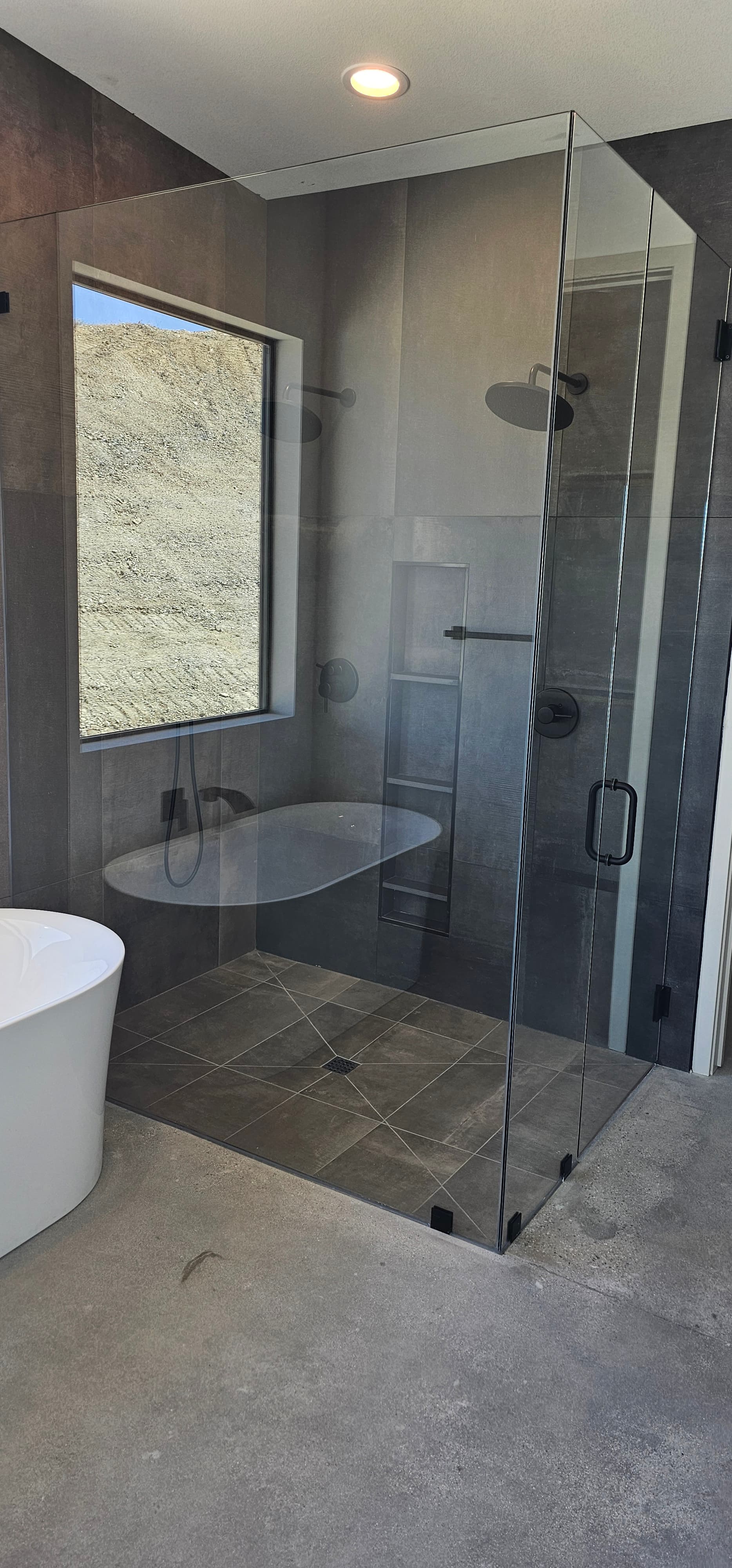 Frameless shower with freestanding tub